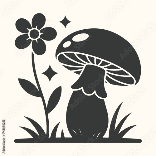 Vector art of a charming black silhouette of a mushroom and a flower, set against a light cream background, evoking a whimsical, natural aesthetic