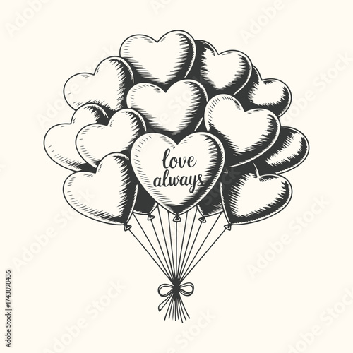 Vector art of a bunch of heartshaped balloons tied with a ribbon, with the words love always written on one balloon, isolated on a cream background