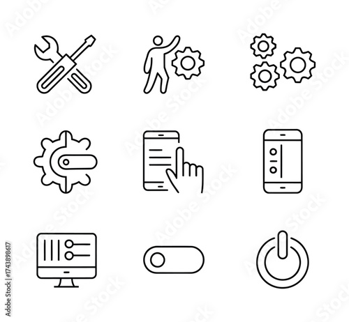 Settings tools and configuration line icons system gear control management app outline symbols