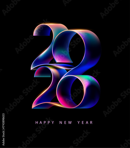 New year 2026. Glass iridescent numbers on dark background. Festive holiday calendar date design.