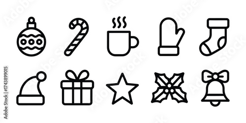 Christmas holiday line icon collection with festive elements in simple outline style