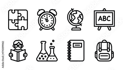 Education and school bold icon collection with book backpack and science beaker