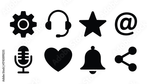 Multimedia and social media solid icon collection with microphone bell and heart