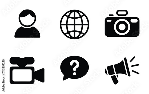 Media and communication solid icon set with camera globe and video recorder