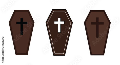 Three brown coffins with crosses on a white background, vector illustration.