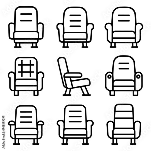Nine Armchair Icons with Varying Designs and Styles in Black Outline.