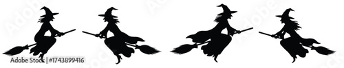 Silhouettes of witches riding brooms, Halloween themed, black on white.