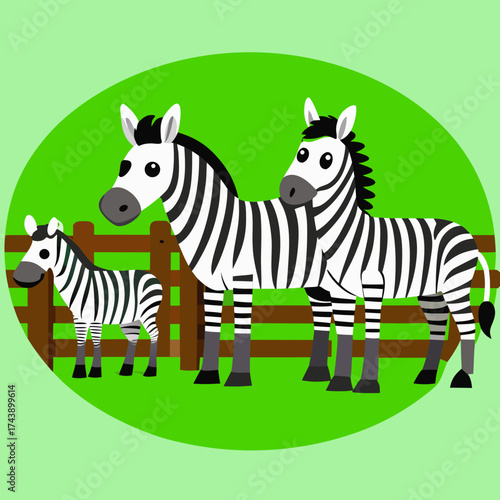 Family of Zebras Standing Near Wooden Fence in Green Field