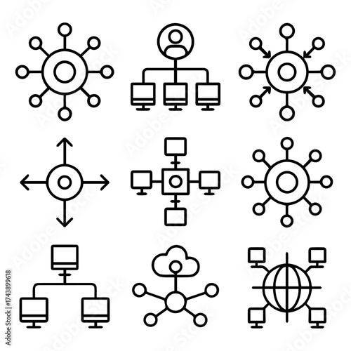 Network Topology Icons Decentralized Hierarchical Cloud and Global Connectivity.