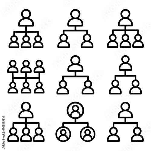 Nine black line art organization charts illustrating hierarchical structures.