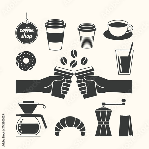 Vector art of collection of coffee shop icons including coffee cups, donut, croissant, coffee maker, and coffee grinder