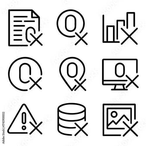 Nine Black Line Icons Showing Data Rejection.