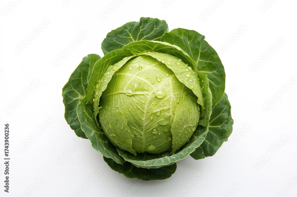 Fototapeta premium Overhead shot of fresh green cabbage with water droplets on a white backdrop. Concept of organic farming and harvest.