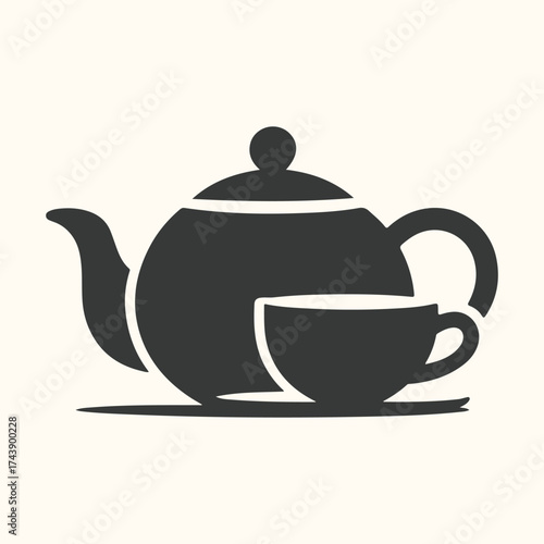 Vector art of a simple, stylized silhouette of a teapot and cup, representing tea time and a classic beverage