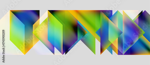 Abstract geometric shapes blend vibrant colors. Gradient transitions create dynamic visual rhythm, modern design.