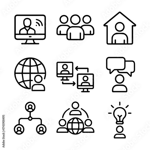 Nine Bold Line Icons Depicting Global Communication and Teamwork.