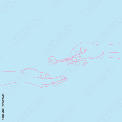 Close-up of one hand passing a key to another hand against a light blue , symbolizing transfer or giving