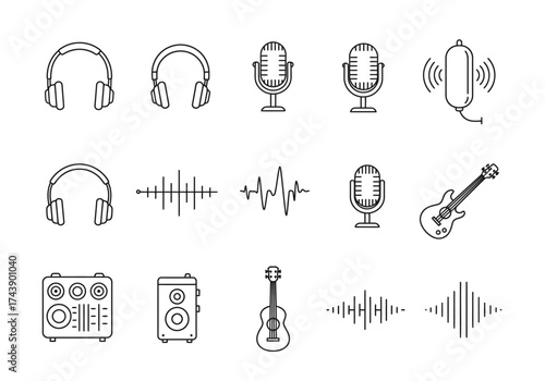 Black outlines of audio gear headphones microphones speakers  sound waves on a white background