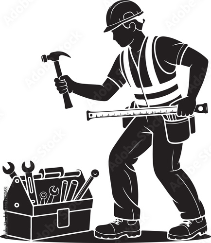 Construction worker with hammer and toolbox ready