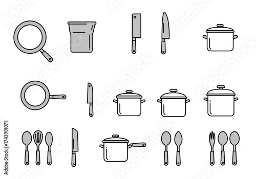 Kitchenware icons include pans pots knives and utensils in a minimalist design against a white background