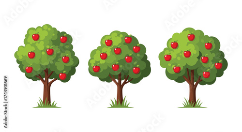 Cartoon apple trees with ripe red fruit offer a charming orchard vibe, perfect for children's books, educational materials, and seasonal harvest designs