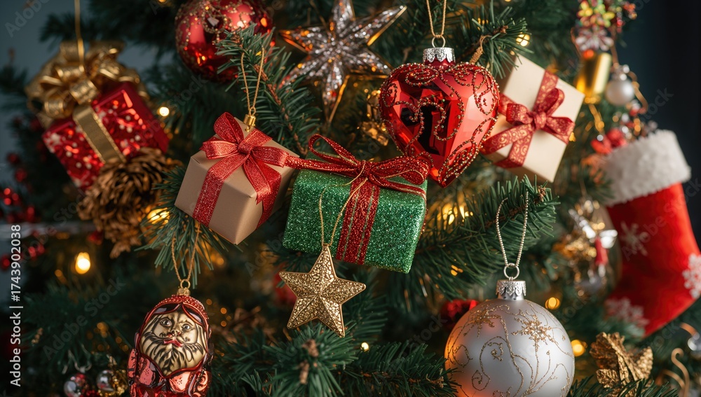 Fototapeta premium Christmas tree ornaments including toys, decorations, and trinkets in vivid hues