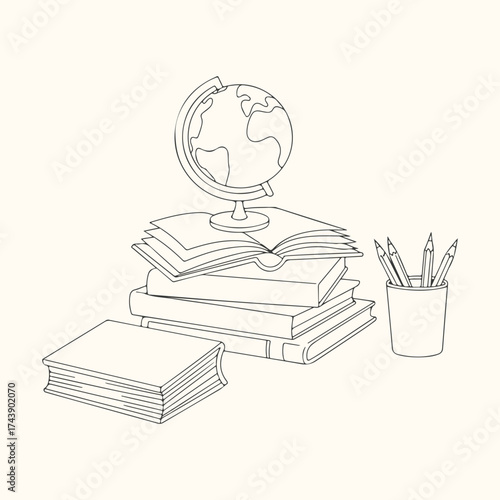 Vector art of a sketch of a globe on top of a stack of books with a pencil holder full of pens and pencils, isolated on a