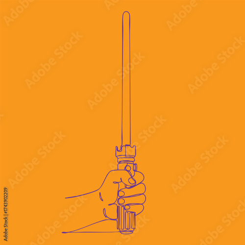 Hand gripping a flashlight with a long, slender light beam extending upward against a vibrant orange