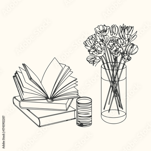 Vector art of a still life illustration of an open book stacked on closed books next to a vase of tulips, isolated on a light background