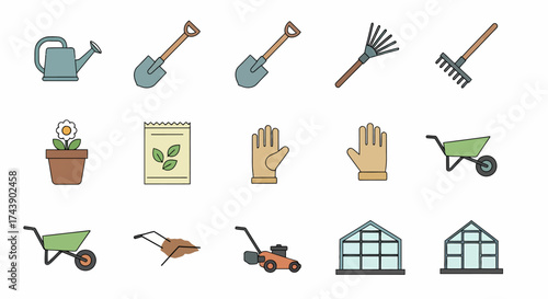 Gardening Tools and Equipment: Watering Can Shovels Rakes Seeds Gloves Wheelbarrows Lawnmower and Greenhouses.