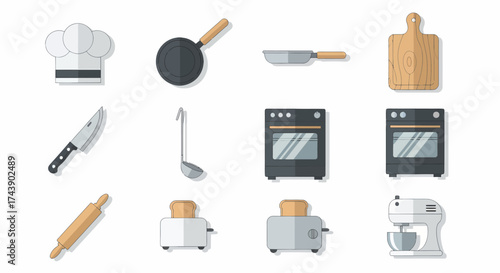 Collection of Flat-Design Kitchen Utensils and Appliances.