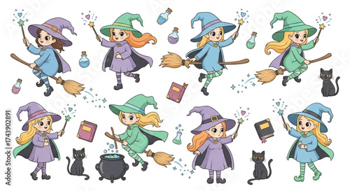 Set of Cute Witches Isolated on White Background Vector Graphics
