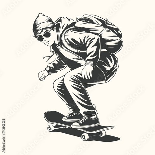 Vector art of young person with beanie and backpack skateboarding