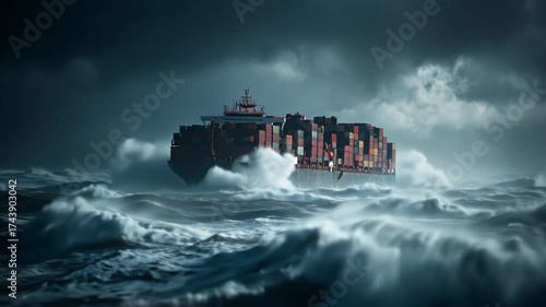 A giant container ship sails through rough ocean waves, symbolizing the challenges and power of maritime logistics and international trade routes.
