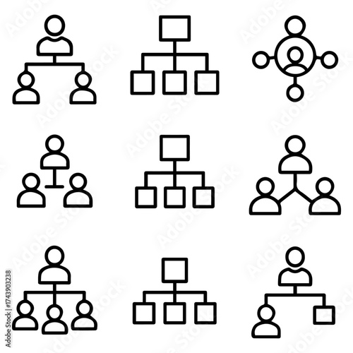 Nine Unique Organizational Chart Icons Hierarchy and Network Structures.