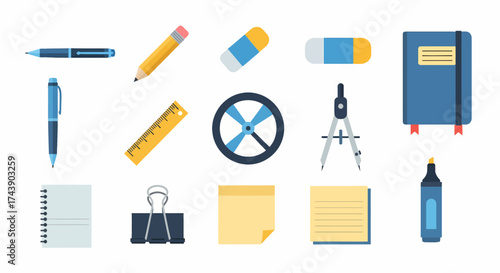 Collection of School and Office Supplies for Study and Work.