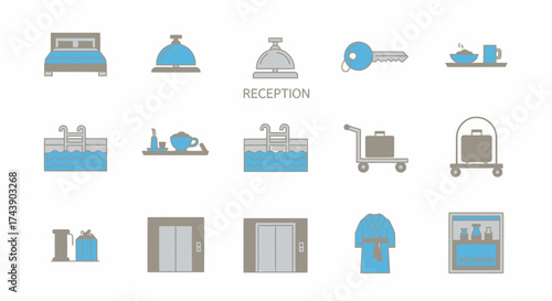 Hotel and reception services icon set featuring two-color line art illustrations for hospitality.