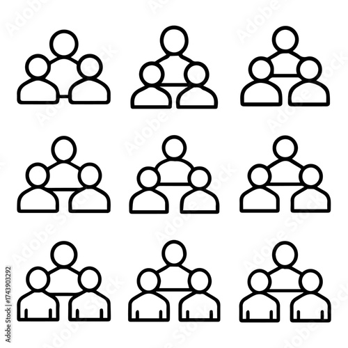 Nine variations of a threeperson hierarchy icon with connecting lines in black outline.