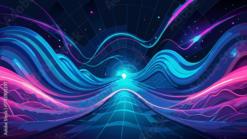 Abstract neon landscape with glowing lines and grid art