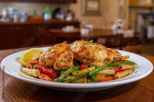 Tasty roasted chicken thighs served with assorted vegetables on a dish