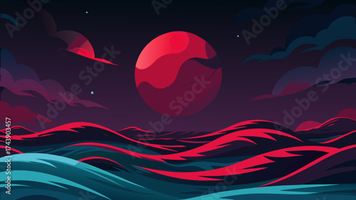 Illustration of a red planet over stylized ocean waves