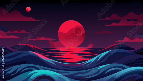 Illustration of a red planet over a wavy ocean scene