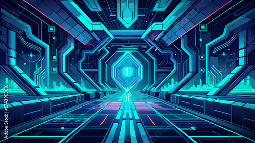Futuristic corridor with glowing lights and technology