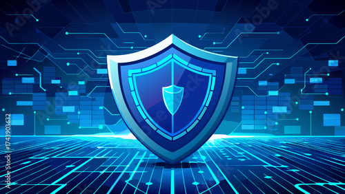 Blue shield over digital circuit board background