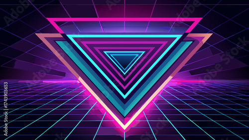 Retro tunnel with neon triangles and grid perspective