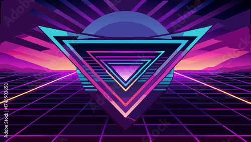 Neon triangle grid with sunset and mountain background
