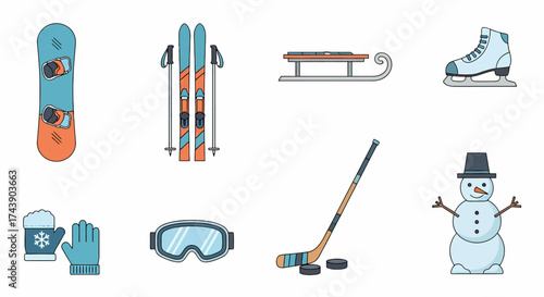 Winter Sports Equipment Collection - Snowboard, Skis, Sled, Ice Skate, Gloves, Goggles, Hockey Stick, Snowman.