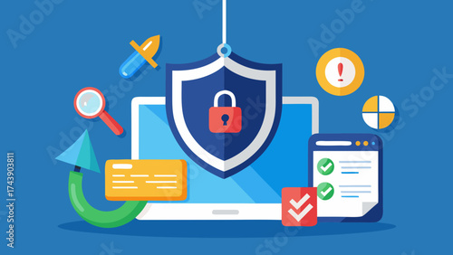 Security shield with padlock and various design icons