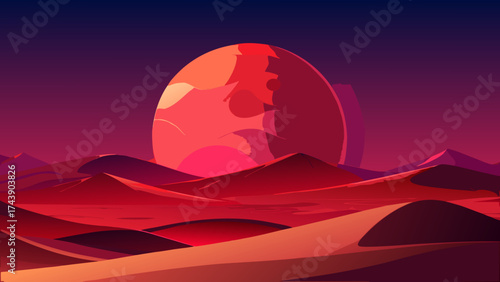 Red planet rising over desert landscape illustration