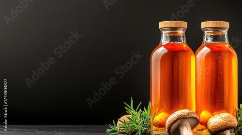 Mushroom Elixir: Two amber bottles of mushroom tea, rosemary, and mushrooms on dark background.